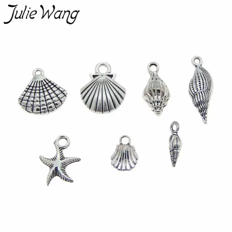 

Julie Wang 14pcs Antique Silver Miexd Small Sea Conch Shells Sarfish Charm Alloy Necklace Pendants DIY Jewelry Making Accessory