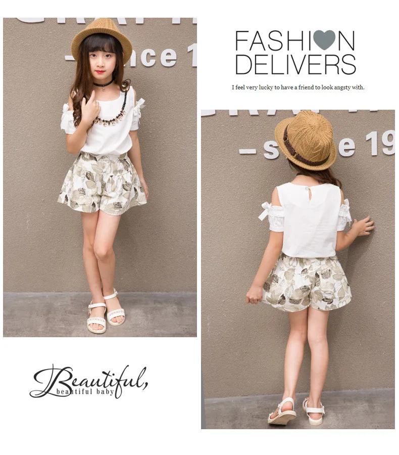 2019 Summer Girls Clothing For Teenage Short Sleeve Shirt Print Shorts Cotton Linen Kids Clothes Sets Fashion 2Pcs Children Suit (12)