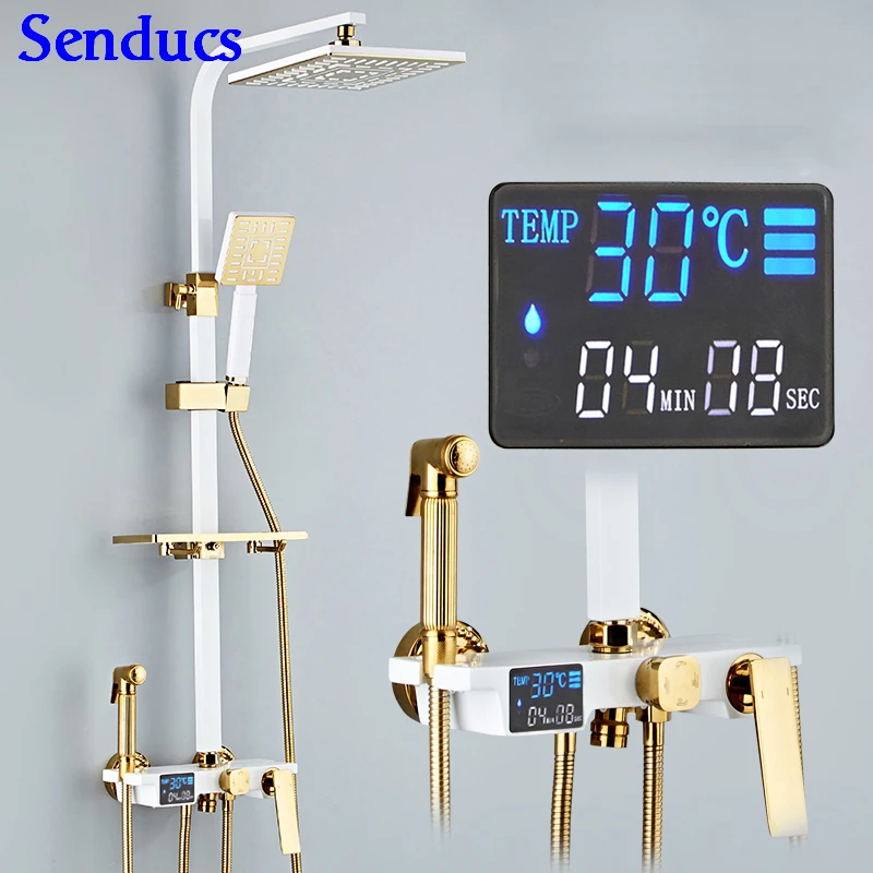 

Senducs Digital Shower Set Quality Brass White Gold Bathroom Shower Series Luxury European Bathroom Temperature Shower Set
