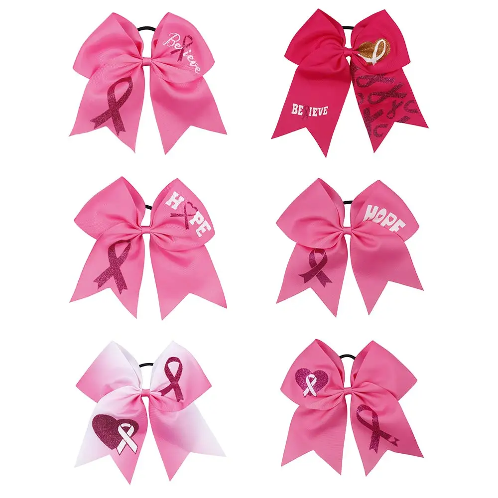 AHB 7 ''كبيرة فيونكات شعر سرطان الثدي الوعي فيونكة للزينة مع مرونة الشعر شريط مطاطي الشعر حبل المشجع الفتيات أغطية الرأس