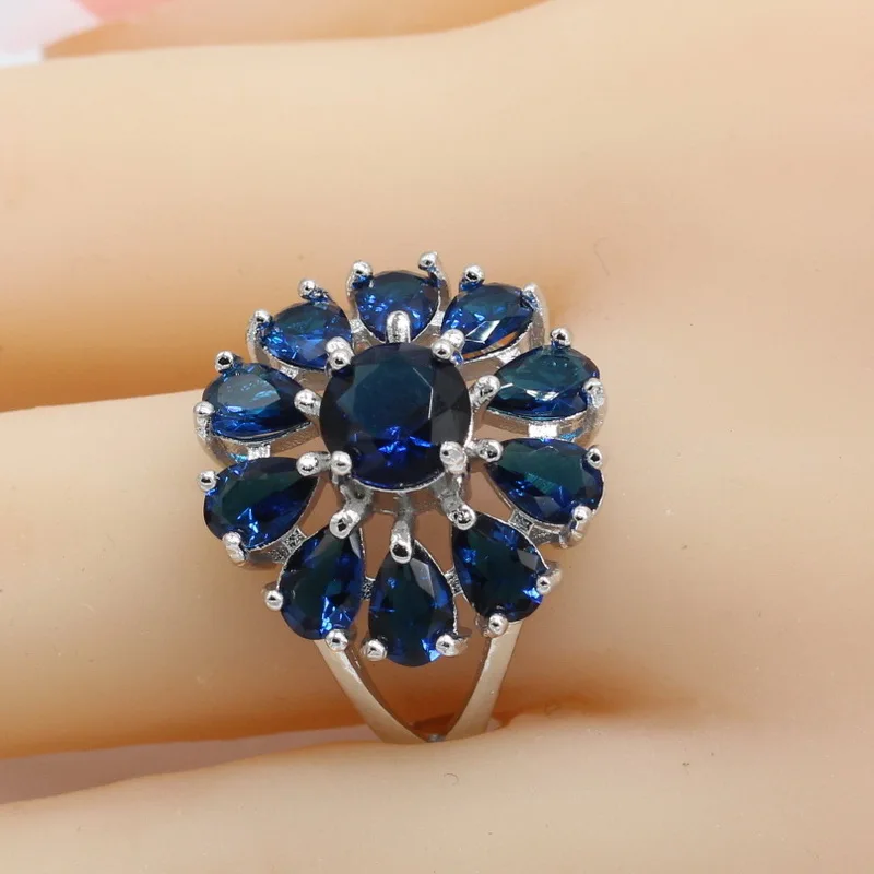 925 пробы серебряные кольца наборы для женщин Серебряные Ювелирные наборы для невесты цветок синее циркониевое ожерелье кольцо Клипсы Серьги Браслет