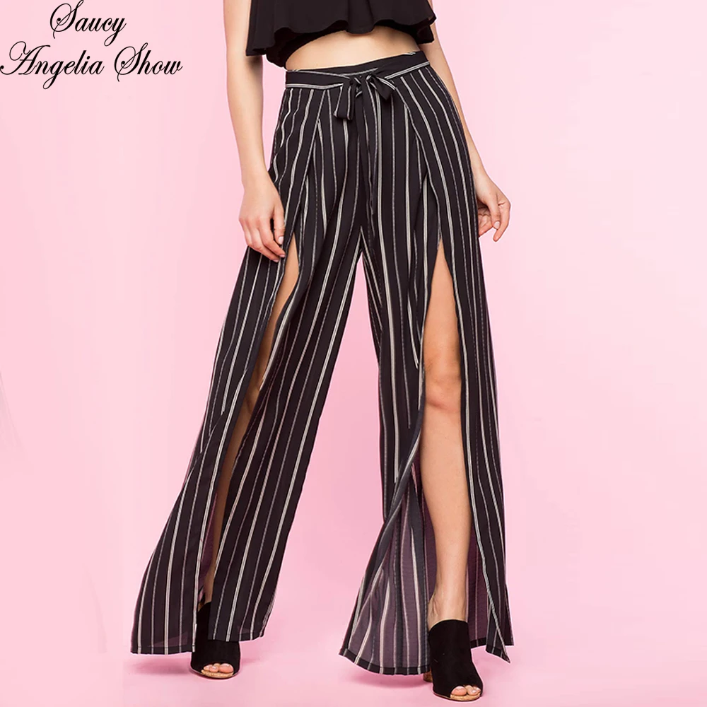 SAUCY ANGELIA Women Long Wide Leg Pants Sexy Cut Out Legs Bottom Pants