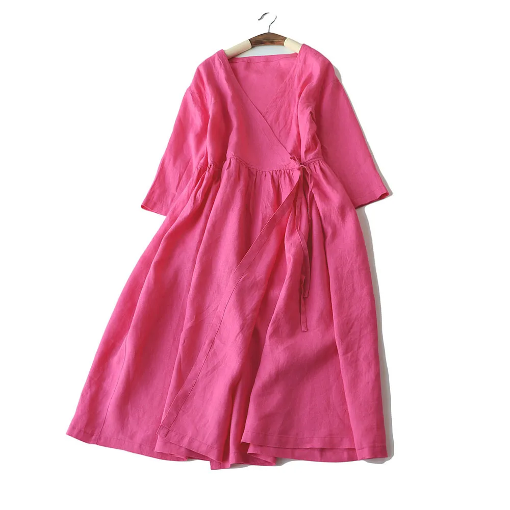 Весенне-летние женские свободные короткие японские стильные удобные льняные платья-кардиганы с v-образным вырезом - Цвет: Rose pink