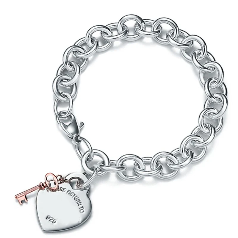 

Logo Tiff 925 Silver bracelets tag charm love heart tag rosegold key pendants link pendants for women cuff jewelry bracelet gift