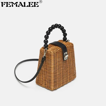 

FEMALEE 2019 New Brand Designer Hand-Woven Straw Bag Women Rattan Tote Bag Summer Travel Beading Handle Ladies Girl Shoulder Bag