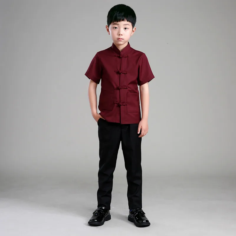 Children Chinese Tunic Suit Short Sleeve Summer Kungfu Costume Boy Wushu Clothes Male Chinese