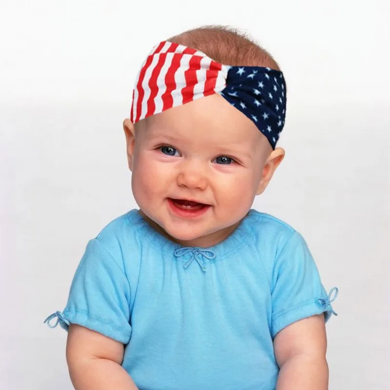 Хлопковый американский флаг дети головная повязка в виде чалмы со звездно-полосатым бантом сзади; резинка для волос, обтянутая тканью; уличные головные Обёрточная бумага девушки, принадлежности для волос