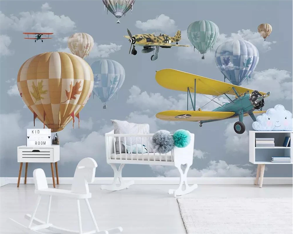 

beibehang Wallpaper custom 3D Nordic minimalist hand drawn cartoon airplane hot air balloon children room photo TV background