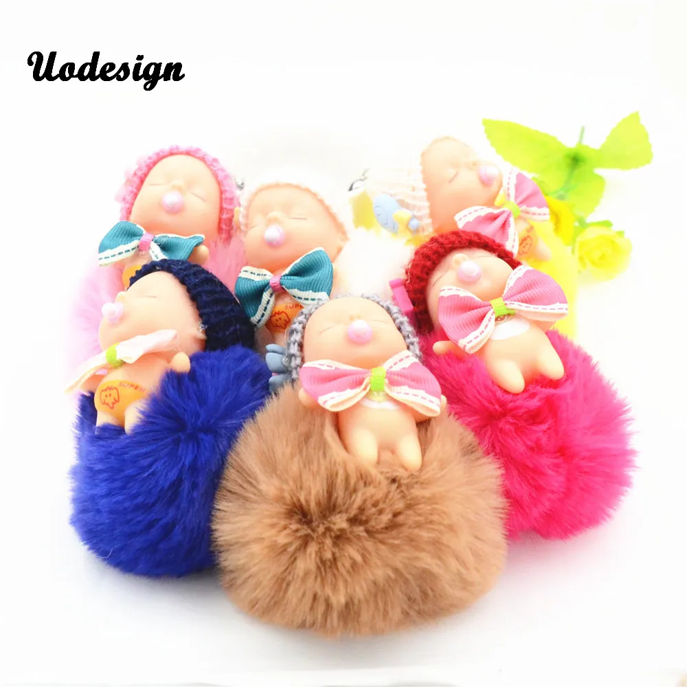 2018 Sleeping Baby Doll Women Fluffy Pompom Keychain pom pom key chain