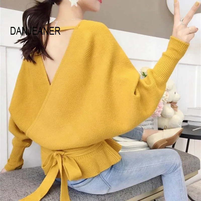 Женский вязаный пуловер DANJEANER винтажный с глубоким v-образным вырезом рукавом