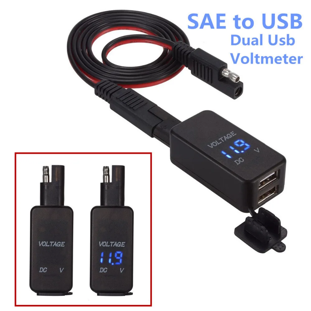 SAE to USB Cable Adapter with Blue Voltmeter 4.2A Dual USB Charger for