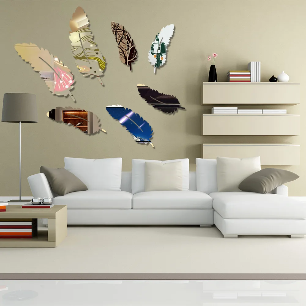 

8pcs/set 3D Mirror Wall Sticker Feather Acrylic Mural Decal Removable Stickers Living room Decoration Wall Decal Art Home Decor