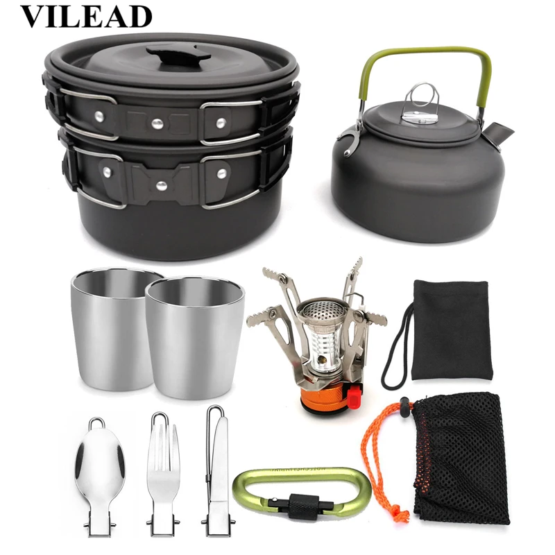

VILEAD Portable Camping Cookware Set Outdoor Hiking Cooking Folding Pots Pans Kettle Tableware Cup Knife Fork Spoon Gas stove