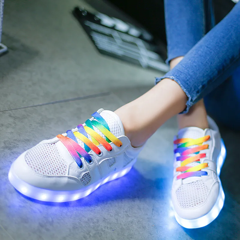 

Children Korean new breathable mesh shoes colorful rainbow charging USB mouth board casual LED lights shoes