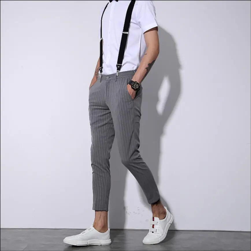 

28-38 Hot ! Men's Slim Nine Bib Pants Tide Leisure Korean Youth Stripe Straight Feet Pants Hairstylist Nightclub Singer Trousers