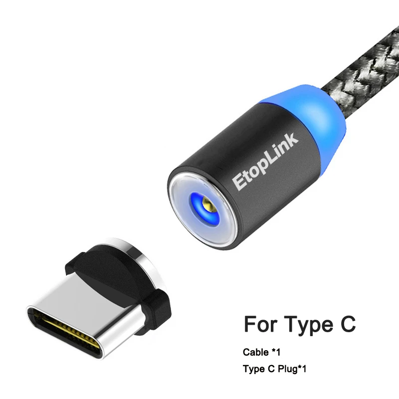 Магнитный кабель EtopLink, зарядный usb-кабель, магнитный нейлоновый зарядный кабель, светодиодный usb-кабель, Micro USB type C, 3 в 1, опционально