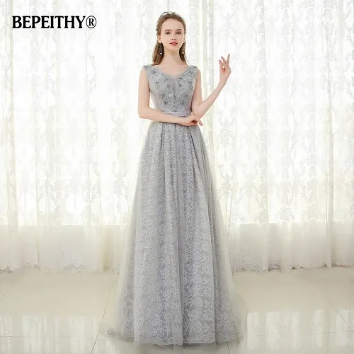 BEPEITHY с v-образным вырезом серебряное кружевное длинное вечернее платье vestido de festa на шнуровке сзади с кристаллами элегантные вечерние платья для выпускного вечера - Цвет: Серебристый