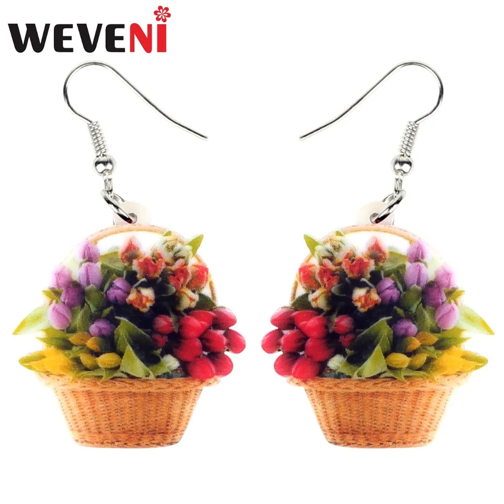 

WEVENI Acrylic Basket Of Floral Tulip Flower Earrings Drop Dangle Trendy Natural Plant Jewelry For Women Girls Gift Dropship