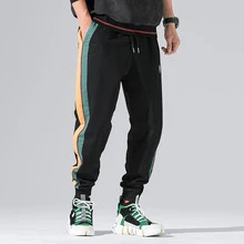 Уличная мода, мужские джинсы, черный цвет, в полоску, сращены, Винтаж, японский стиль, повседневные штаны для бега, свободный крой, хип-хоп, зауженные брюки