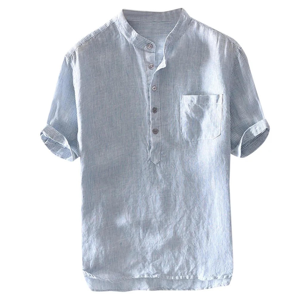 Для мужчин, мешковатые штаны в полоску из хлопка и льна короткий рукав кнопка карман Рубашки, Топы, блузки M-3XL camisas hombre с длинными рукавами удобные#30