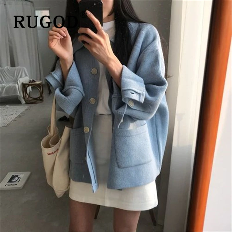 

RUGOD Ins popular women knit cardigan korean chic turn-down collar ladies sweater Fashion single-breasted pockets overwear femme