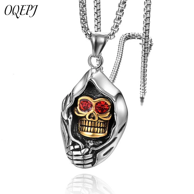 

OQEPJ Gothic Red Stone Eye Skull Necklace Pendant 316L Stainless Steel Titanium Men Necklaces Half Gold And Silver Color Jewelry