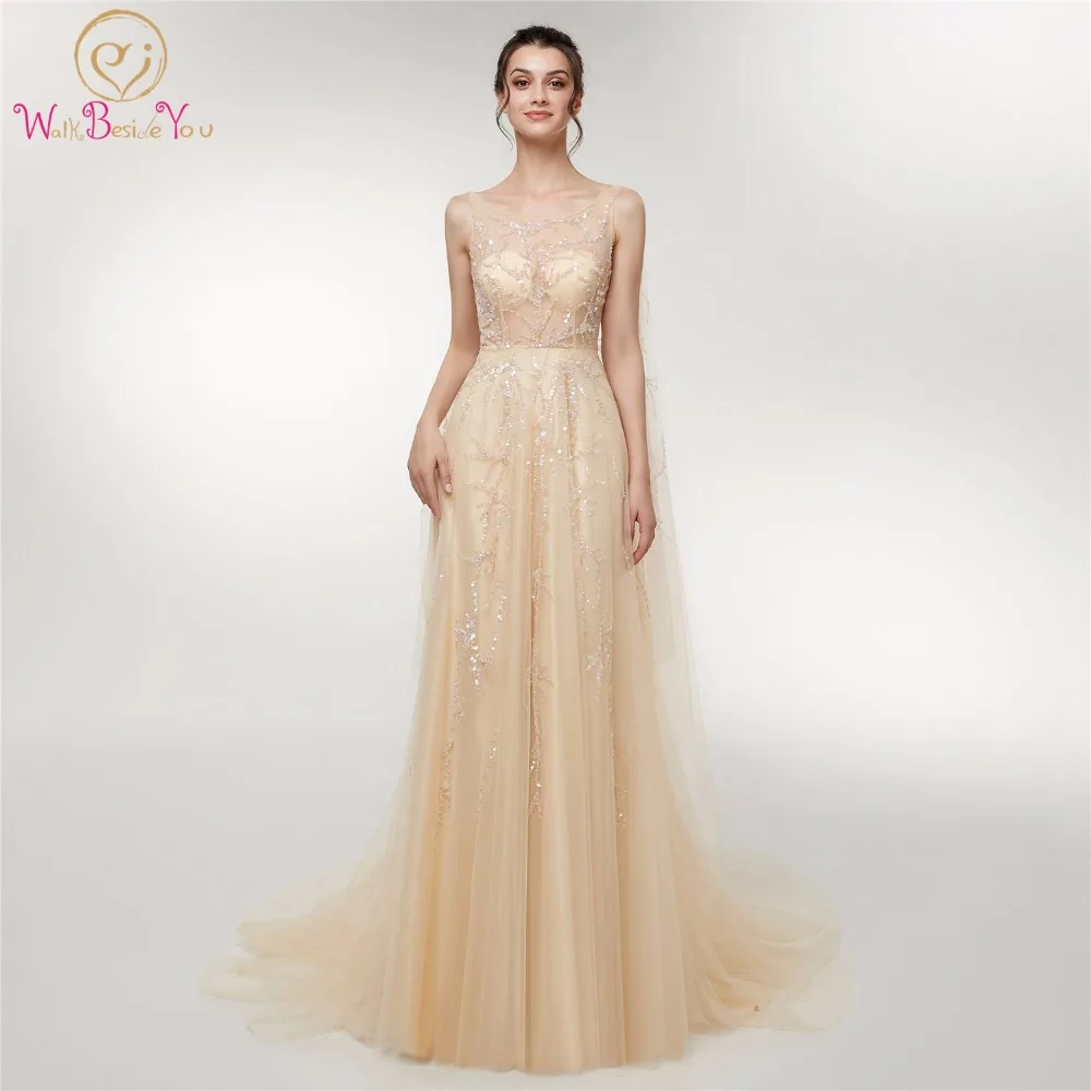 

2019 Hot Sell Beaded Bling Prom Dresses Champagne Party Formal A-line Backless Elegant Handmade Tulle Sleeveless Evening Gown