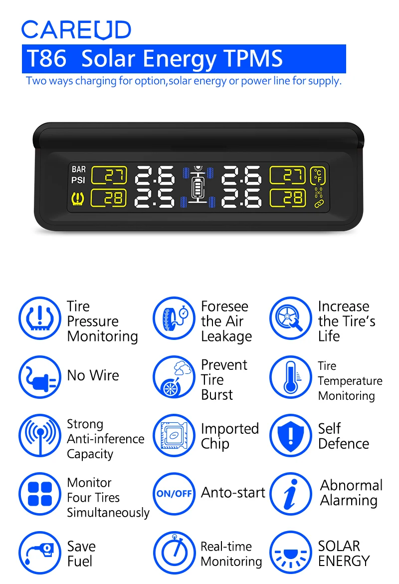 T86 Солнечная энергия USB зарядка автомобиля TPMS беспроводная система контроля давления в шинах с 4 внутренними/внешними датчиками