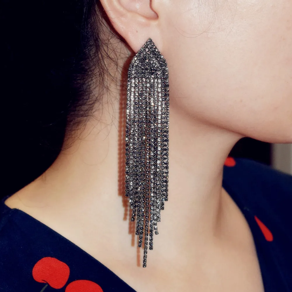 

Stunning Shiny Rhinestone Tassel Dangle Earrings for Women Fashion Jewelry Evening Long Dress Statement Earrings Accessories