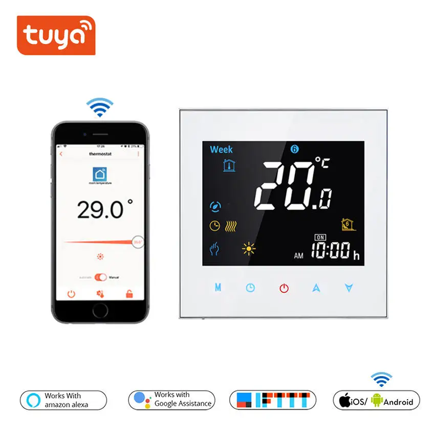 Умный термостат WiFi lcd сенсорный цветной дисплей для 16A Электрический пол Отопление TUYA приложение Alexa и Google Home Voiice управление - Цвет: White