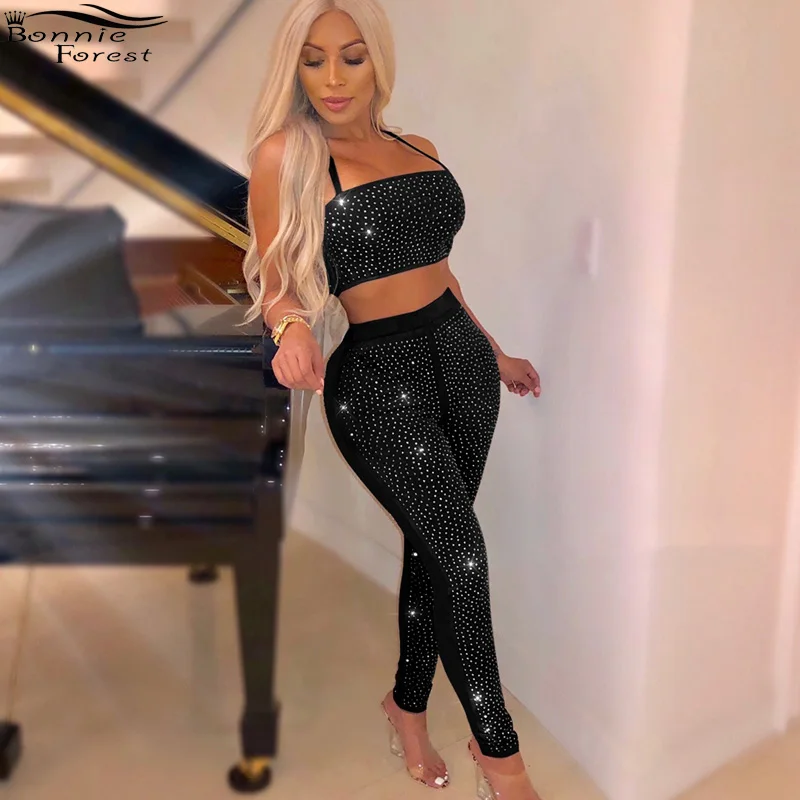 

Bonnie Forest Glitter Metal Rhinestone Studded Pants Set Two Pieces Sexy Halter Neck Sequined Crop Tops+Pant Suit Night Clubwear