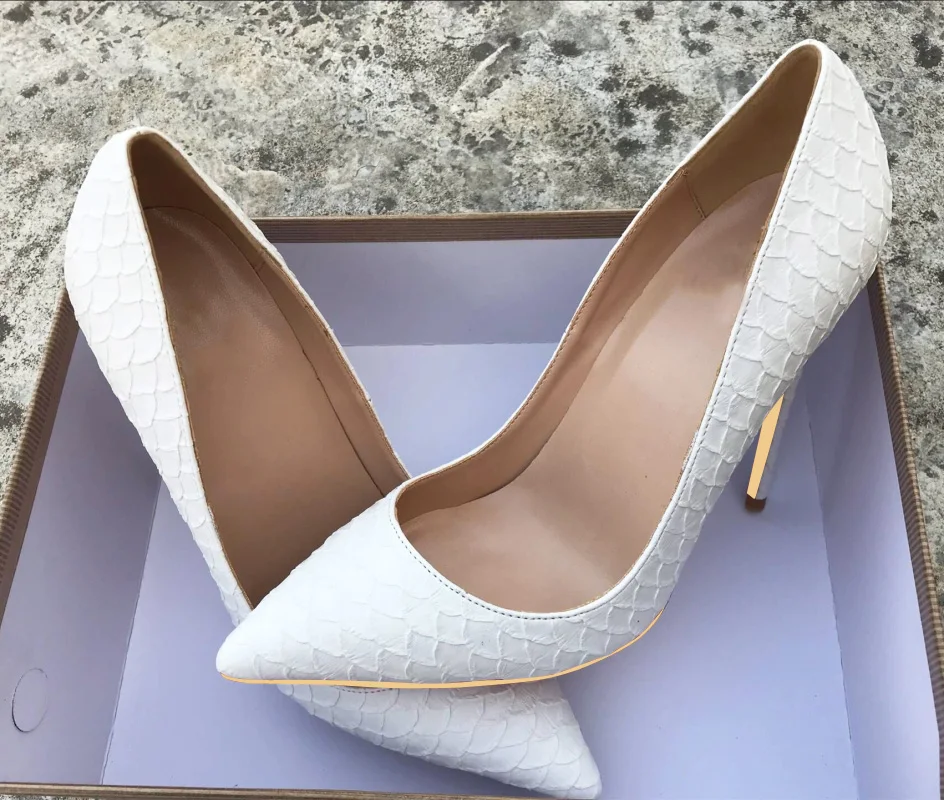 

Sexy High Heel Shoes White Snake Print Leather Stilettos Shoes For Women Pointed Toe Slip-on Leather Dress Pumps wedding Shoes