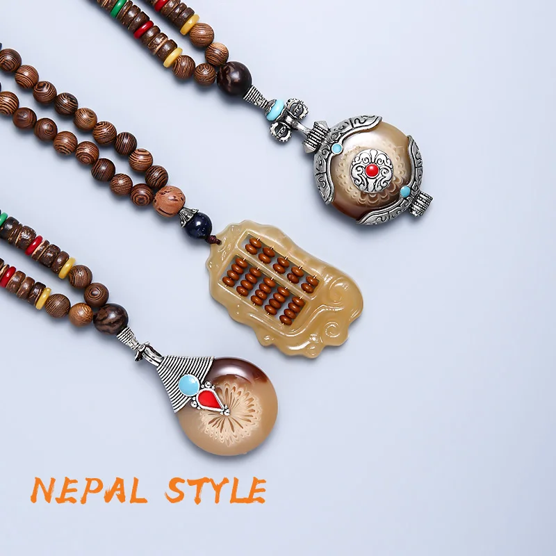 

Fashion Imitational Beewax Ethnic Nepal Necklace Handmade Sandalwoods Wood Buddha Beads Necklace Vintage Tibetan Silver Necklace