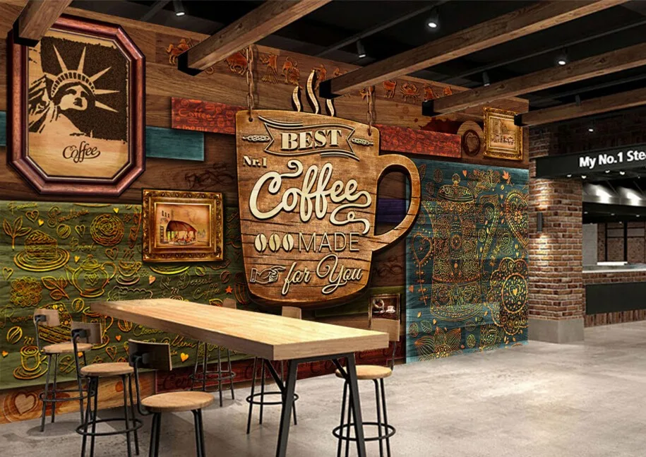 Пользовательские обои для магазина еды, деревянный узор кофе, 3D Ретро Фреска для ресторана кафе отеля фон стены ПВХ обои
