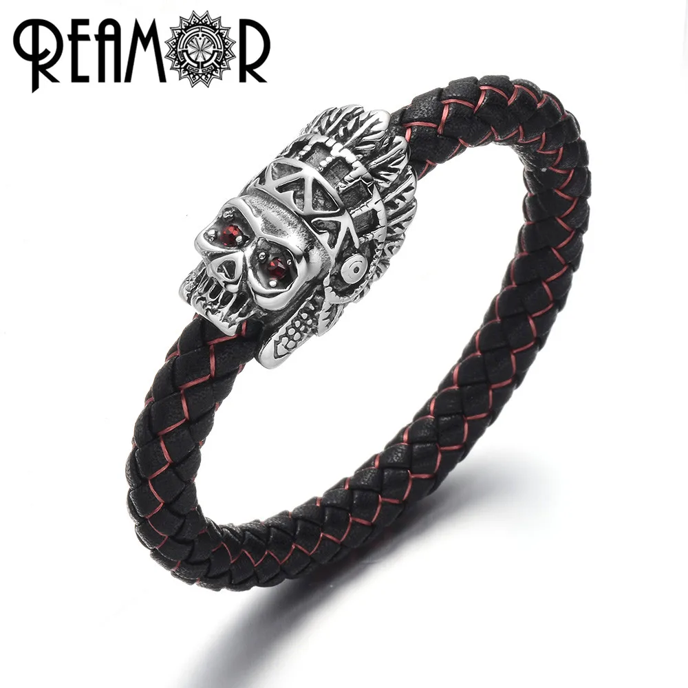 

REAMOR Men Braided Leather Bracelet Stainless Steel Indian Chief Magnetic Clasp Red CZ Eye Skull Bracelets Bangles Punk Jewelry