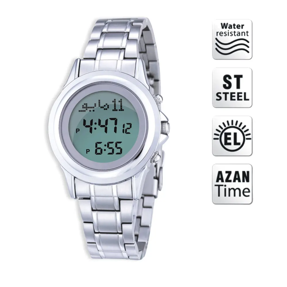 100% Origin Newest Azan Watch 6381 Ladies Watch Islamic Qibla Watch With Prayer Compass Muslim Watch Best Gifts, Sliver 1pc