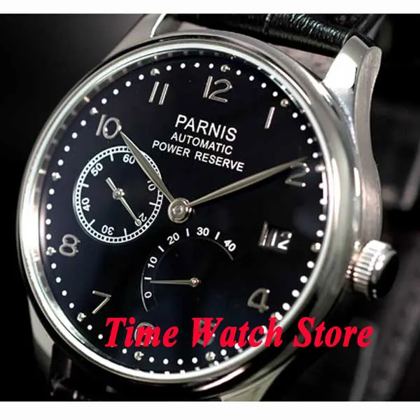 

Parnis 43mm black dial silver hands leather strap power reserve 2530 Automatic movement Men's watch 207 relogio masculino