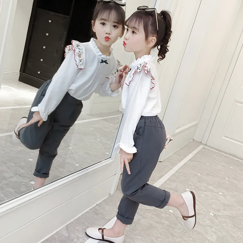

2019 spring girls clothing sets fashion embroidery blouse+pants 2 pcs princess suit for 6 7 8 9 10 11 12 years kids girl clothes