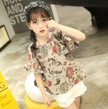 

Girl Floral Suit Summer Cotton Short Sleeved Summer New Children Set