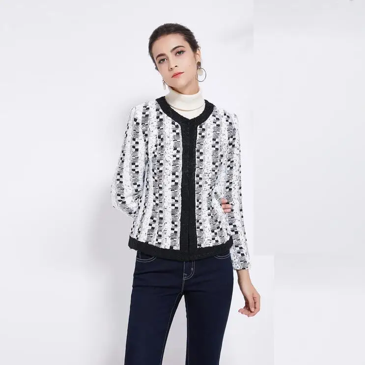 New Courte Automne Tweed Femmes Veste Hiver Mode Longues Manteau Paillettes À 2018 Manches Plaid zwWqa1RSw
