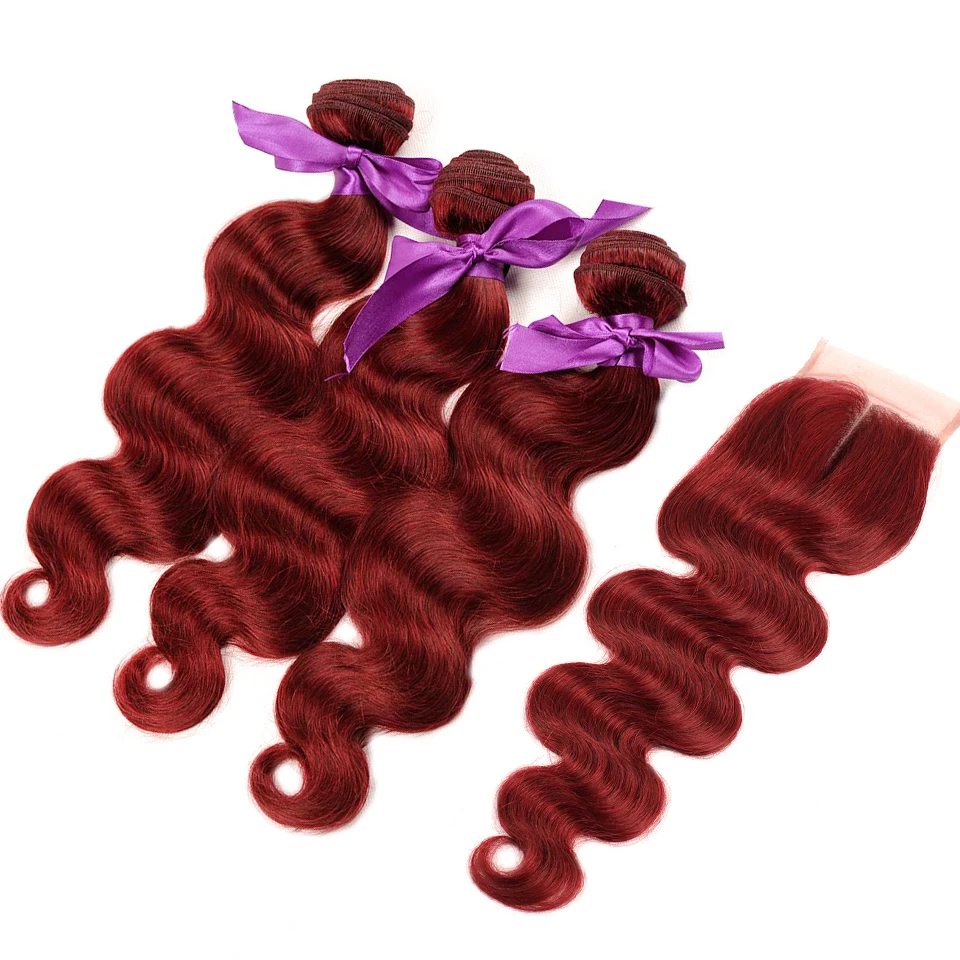 Shining Star 99J Bold Red 3 Burgundy Bundles With Closure Malaysian Body Wave Colored Human Hair Bundles With Closure Non Remy