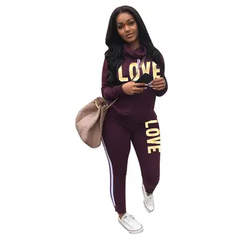 

Spring Autumn Women Two Piece Set Top and Pants Love Letter Long Sleeve Hoodie Elastic Waist Trousers Active Tracksuit Plus Size