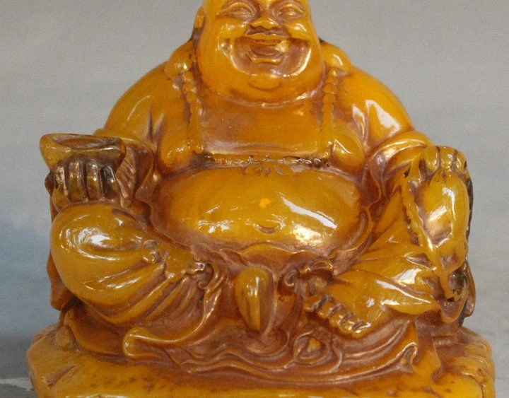 

9cm Tibet Buddhism Man-Made Beeswax Wealth Money YuanBao Maitreya Buddha Statue