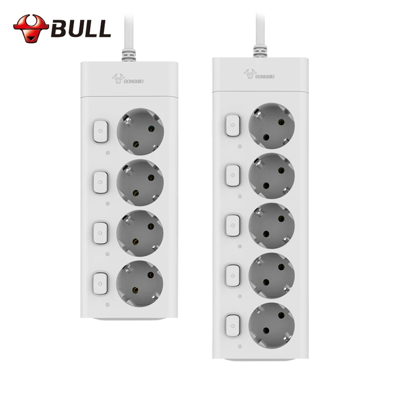 Bull Eu Plug Power Strip 3M 10A 250V 2500W Electrical Socket EU Plug Extension Socket 4 5 Outlet Surge Protector EU Power Strip 2500w 4 outlet ac electric power bar strip w individual switch led indicator ac 250v 3m cord