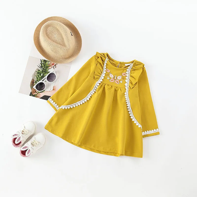 

Girls long sleeve dress yellow cotton embroidered floral pattern girls dress