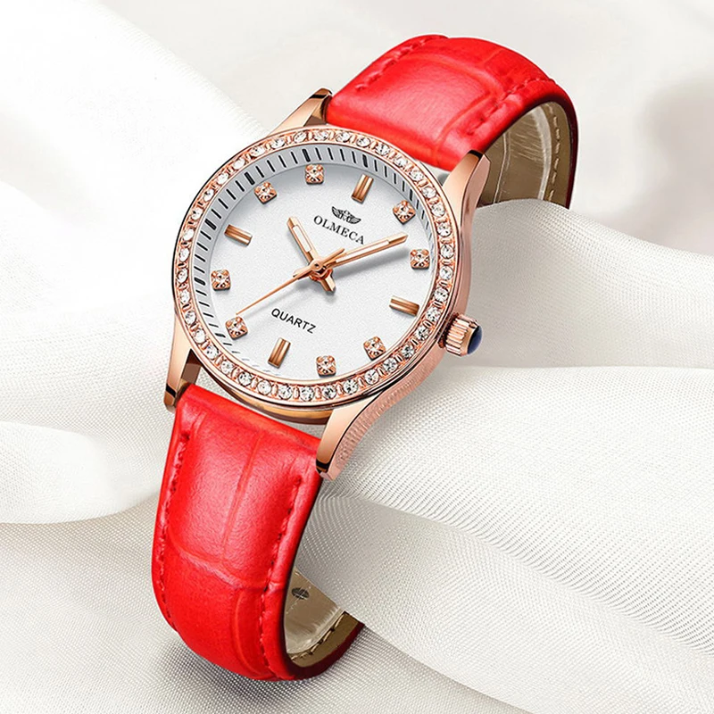Zegarek damski OLMECA для женщин часы bling Красный Круглый циферблат Кожаный ремешок