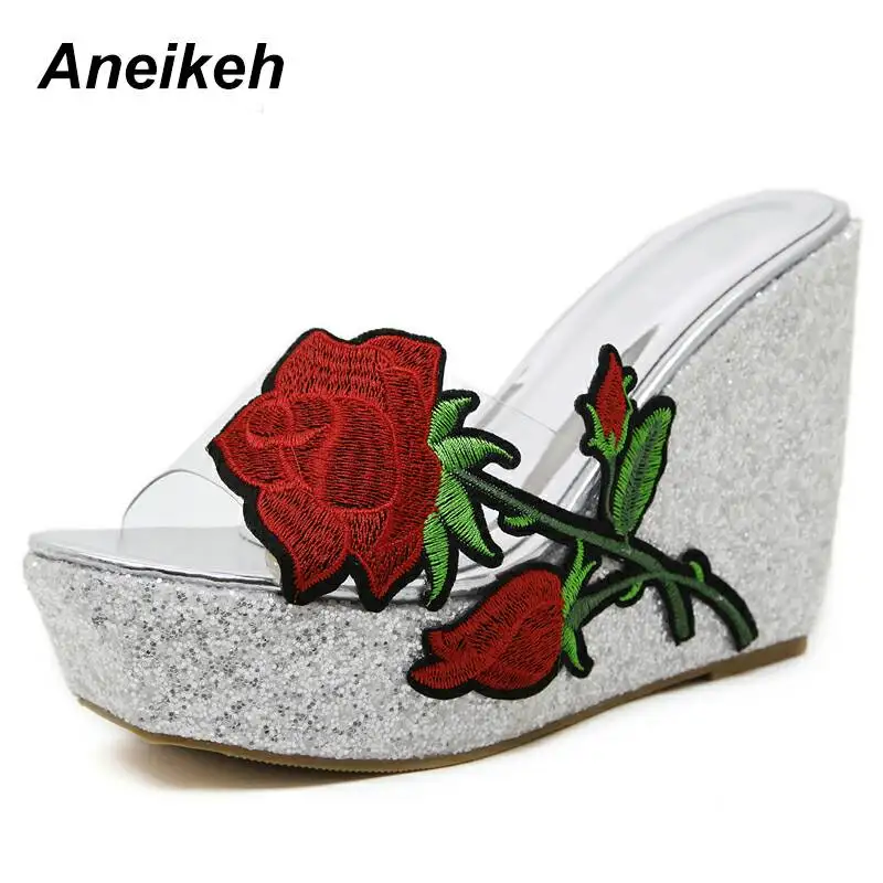 Aneikeh/ г. Летняя женская Вулканизированная обувь из PU искусственной кожи прозрачная офисная обувь на высоком каблуке, без шнуровки, с цветочным рисунком, белого и розового цвета, размеры 34-40 - Цвет: White