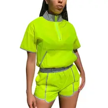 Women Two Piece Sets Summer Reflective Memory Cloth Stand Collar Casual Suit Female Tracksuit Top + Shorts Bodysuit OL Overalls