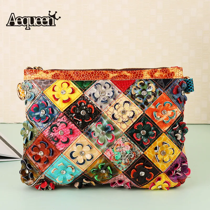 

AEQUEEN Genuine Leather Patchwork Handbag Women Crossbody Messenger Bag Floral Shoulder Bags Random Color Purses Bolsas Feminina