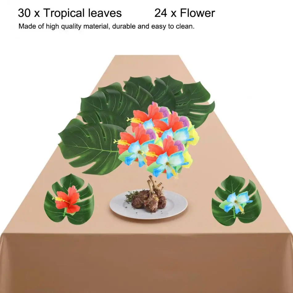 Tropical Leaves 30pcs Artificial Plant Green Leaf Tropical Leaves And 24pcs Hibiscus Flowers DIY Home Party Decor
